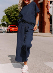 Short-Sleeve Top & Wide-Leg Pants Set – Polyester Spandex Cold Wash