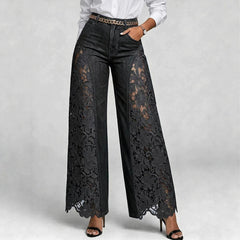Lace-Panel Wide-Leg Pants – Cotton Blend Cold Wash Casual