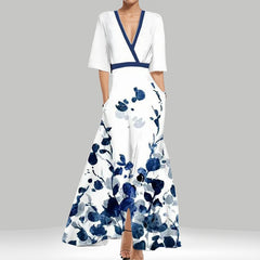Print V-Neck Midi Dress – Short Sleeve Fitted Waist Women