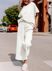 Short-Sleeve Top & Wide-Leg Pants Set – Polyester Spandex Cold Wash