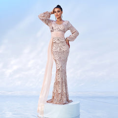 Long Sleeve Sequined Gown – Modest V-Neck Polyester Spandex Evening