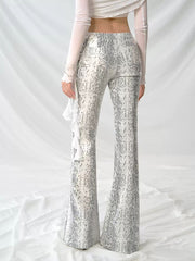 Snake Print Flare Pants – Low Rise Sequin Accent Y2K Party Denim