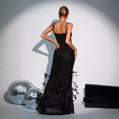 Faux Feather Slip Dress – Hand-Sewn Sequins Evening Cocktail