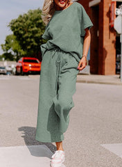 Short-Sleeve Top & Wide-Leg Pants Set – Polyester Spandex Cold Wash