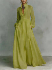 Parisian Pleated Midi Dress – Long Sleeve Linen Women's