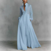 Parisian Pleated Midi Dress – Long Sleeve Linen Women's