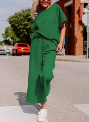 Short-Sleeve Top & Wide-Leg Pants Set – Polyester Spandex Cold Wash
