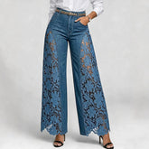 Lace-Panel Wide-Leg Pants – Cotton Blend Cold Wash Casual