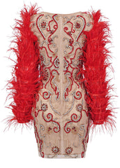 Red Feather Trim Dress – Sheer Mesh Sleeves Hand-Sewn Rhinestones