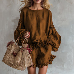 Loose-fitting Lantern-Sleeve Top And Shorts Two-Piece Set For Women