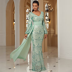 Long Sleeve Sequined Gown – Modest V-Neck Polyester Spandex Evening