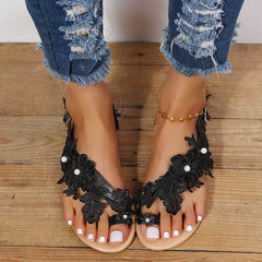 Boho Lace-Up Sandals – Floral Embroidered Ankle Strap Flat