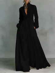 Parisian Pleated Midi Dress – Long Sleeve Linen Women's
