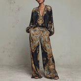 Korean-Style Knit Set – V-Neck Top & Wide Leg Pants Spring