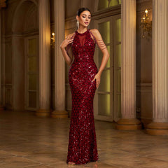 Sleeveless Sequin Fishtail Dress – Round Neck Hand Wash Sheer