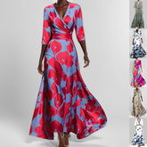 Print V-Neck Midi Dress – Short Sleeve Fitted Waist Women