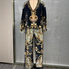 Korean-Style Knit Set – V-Neck Top & Wide Leg Pants Spring