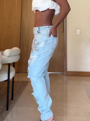 Star Crystal Ripped Jeans – Women's Skinny Distressed Denim
