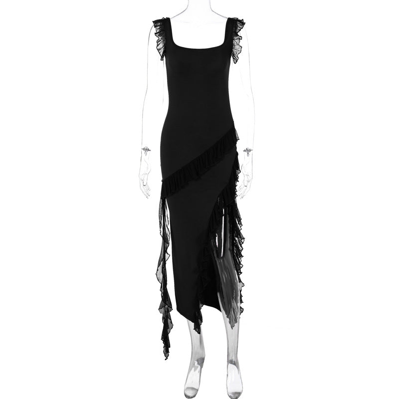 Strappy Midi Dress – Rayon Challis Side Slit Contrast Stitching