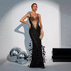 Faux Feather Slip Dress – Hand-Sewn Sequins Evening Cocktail