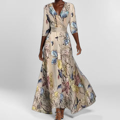 Print V-Neck Midi Dress – Short Sleeve Fitted Waist Women