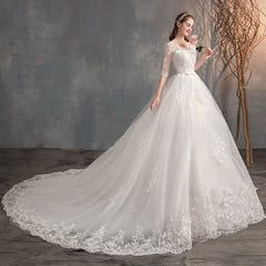 Deep V-Neck Lace Wedding Dress – Long Sleeve A-Line Gown Train