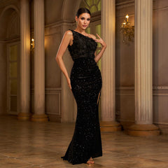 One-Shoulder Sequined Sheath Dress – Thigh Slit Polyester Spandex