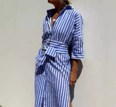 Striped Shirt Dress with Belt – Button-Front Midi Dress Summer