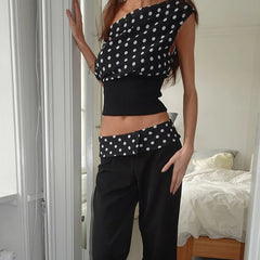 Polka Dot Off-Shoulder Crop Top – Lace Up Backless Chiffon