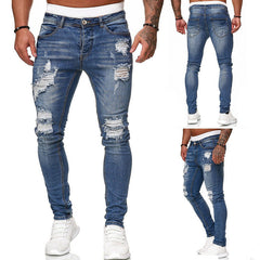 Men's Ripped Skinny Jeans – Vintage Wash Mid-Rise Streetwear