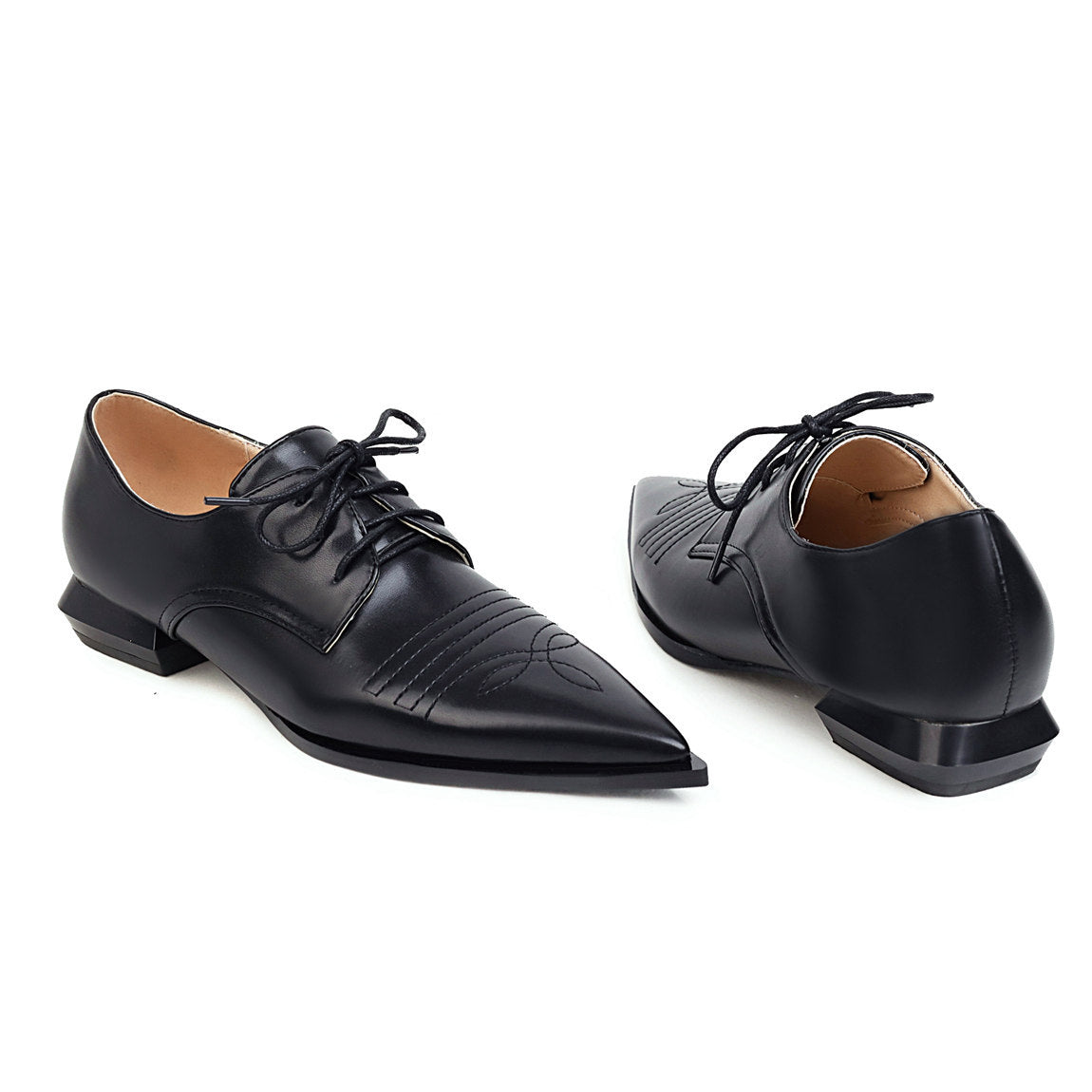 Low-Heel Lace-Up Shoes – Pointed Toe 1.5" Synthetic Leather