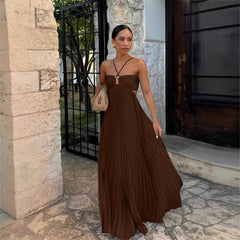 Pleated Halter Dress – High Waist Open Back Evening Club