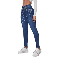 Pearl-Embellished Slim Jeans – High Rise 4-Way Stretch Mid Wash