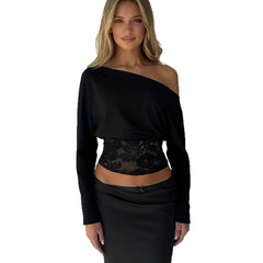 Batwing Sleeve Top – Off Shoulder Lace Patchwork Size Down