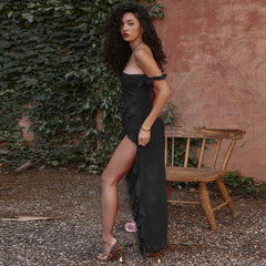 Strappy Midi Dress – Rayon Challis Side Slit Contrast Stitching