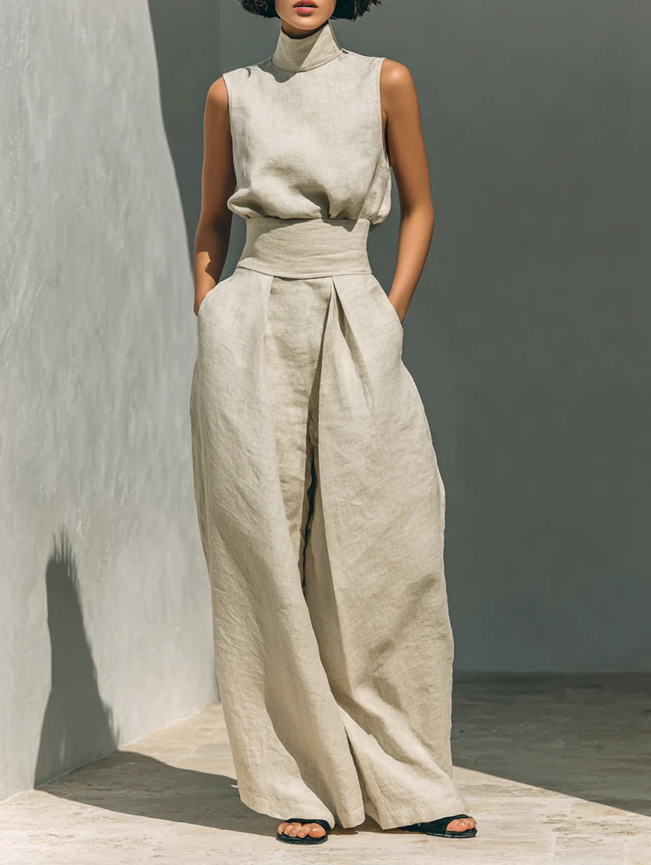 Women's Co-Ord Set – Mandarin Collar 60% Linen Relaxed Straight Leg