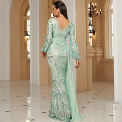 Long Sleeve Sequined Gown – Modest V-Neck Polyester Spandex Evening