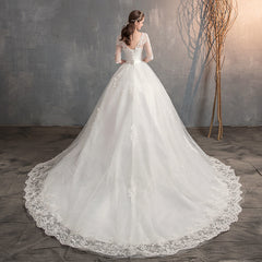 Deep V-Neck Lace Wedding Dress – Long Sleeve A-Line Gown Train