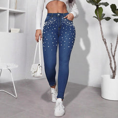 Pearl-Embellished Slim Jeans – High Rise 4-Way Stretch Mid Wash
