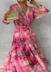 Floral Chiffon Maxi Dress – Long Sleeve Pleated Cold Wash Sheer