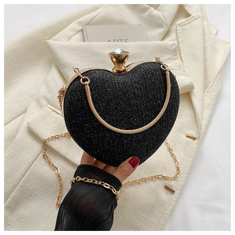 Heart-Shaped Metallic Clutch – Detachable Chain Synthetic Leather