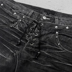 Y2K Washed Denim Flared Pants – Gothic Vintage Double Belt Unisex Trousers
