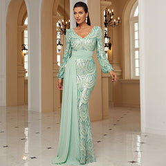 Long Sleeve Sequined Gown – Modest V-Neck Polyester Spandex Evening