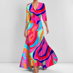 Print V-Neck Midi Dress – Short Sleeve Fitted Waist Women