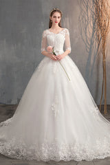 Deep V-Neck Lace Wedding Dress – Long Sleeve A-Line Gown Train