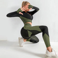 3-Piece Seamless Workout Set – Leggings Crop Top Sports Bra Women