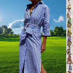 Striped Shirt Dress with Belt – Button-Front Midi Dress Summer