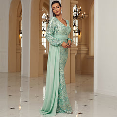 Long Sleeve Sequined Gown – Modest V-Neck Polyester Spandex Evening