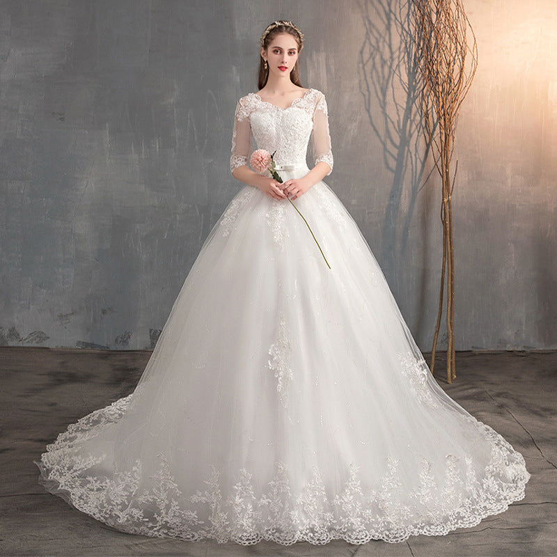Deep V-Neck Lace Wedding Dress – Long Sleeve A-Line Gown Train