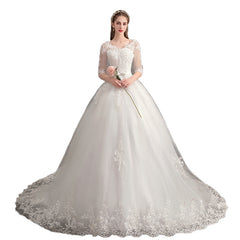 Deep V-Neck Lace Wedding Dress – Long Sleeve A-Line Gown Train